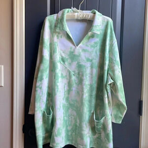 Isaac Mizrahi Women’s Green White Tye Dye Top Sz 3X 3/4 Length Sleeve